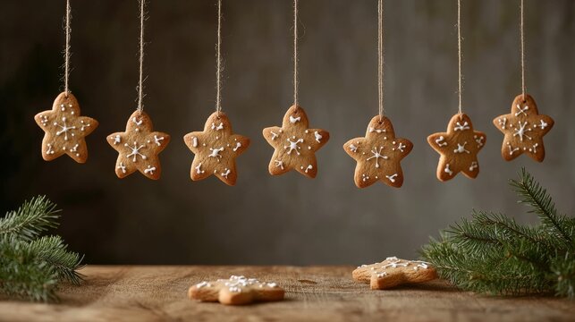 A minimalistic arrangement of gingerbread cookies shaped like stars, hanging from twine against a blurred background with pine branches