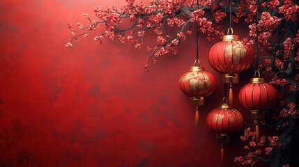 Celebrate Chinese New Year with a vibrant red background featuring lanterns, flowers, and golden elements for festive decor. background, banner, happy new year greetings
