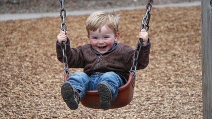 Joyful Child Swinging High on Playground. Excited Kid Playing and Climbing with Laughter in a Safe, Fun Environment.