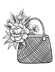 Vintage woman handbag with flowers, black and white illustration, for design and decoration, vector image, postcard, sticker, print