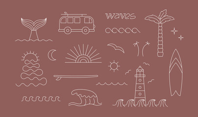 Retro style, bohemian linear surfing, ocean, sea, freedom badge, design. Simple geometric surf camp, t shirt, sticker vector illustrations