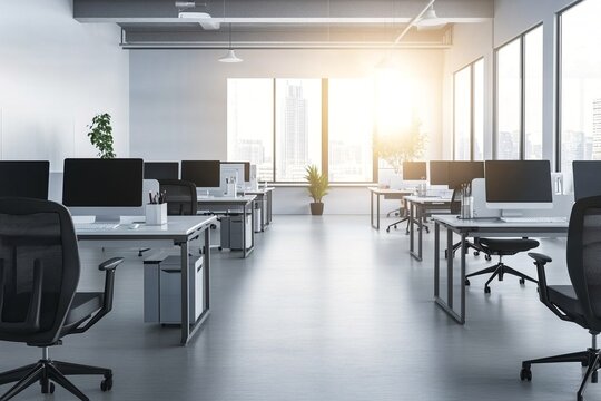 Modern open plan office interior with desks, computers and large windows. Bright workspace with sunlight. Corporate environment for business and teamwork