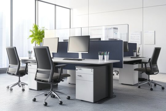Modern open office workspace with desk partitions, computers, and chairs. Clean corporate interior design for productivity. Professional business environment with natural light