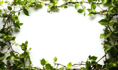 Frame of green leaves surrounds a white frame. The frame is made of vines and branches.