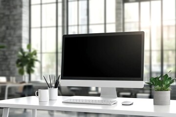 Fototapeta premium Modern office workspace with desktop computer, plants, and natural light. Clean white desk setup for remote work or home office. Productive environment with copy space