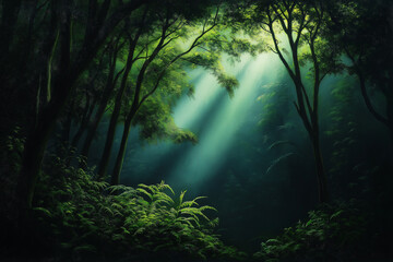 Magische Lichtstrahlen durch die dichten gr&uuml;nen W&auml;lder des Regenbogens.

