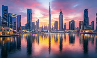 Obraz premium Modern Skyscrapers Reflecting Sunset in Business District
