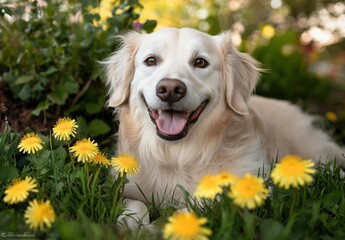 A white golden retriever dog lying in green grass with yellow dandelion flowers, looking at the camera and smiling, with an outdoor background Generative AI