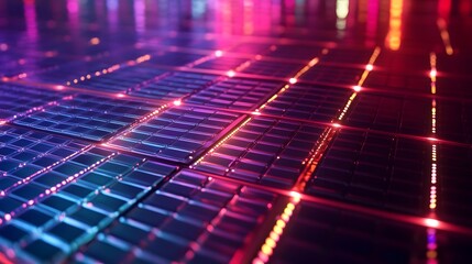 Glowing holographic surfaces in a futuristic grid pattern