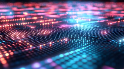 Glowing holographic surfaces in a futuristic grid pattern