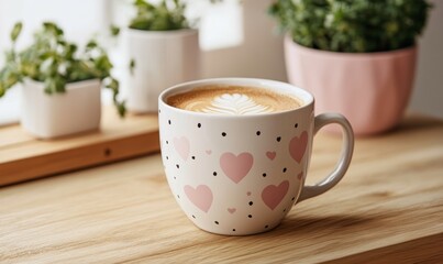 Frothy latte with heart design in ceramic mug