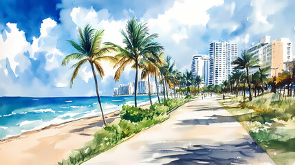 Obraz premium Watercolor painting illustration of seafront beach promenade with palm trees in fort lauderdale. Seafrost. Illustration
