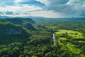 Obraz premium Expansive green valleys and winding rivers create a serene landscape in a tropical paradise during sunset