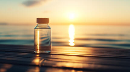 Glasflasche mit Lichtreflexionen vor einem malerischen Sonnenuntergang

