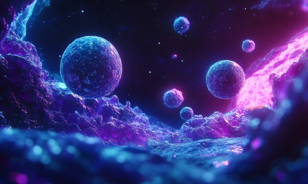 Mystical cosmic scene with glowing purple and blue nebula, floating orbs of energy, and a dark space backdrop