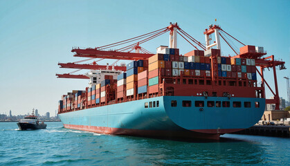 Fototapeta premium Cargo ship unloading containers at vibrant port, global trade symbolism
