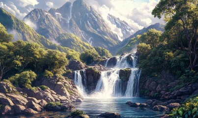 Fototapeta premium Natural scenery of a waterfall cascading into a rocky mountain stream. Surrounded by lush vegetation
