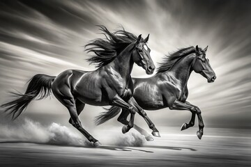 Abstract Silhouette of Two Dark Horses in a Powerful Gallop