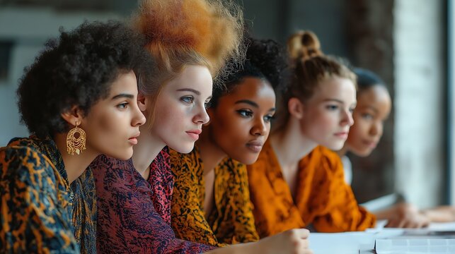 A diverse group of young women collaborating on a project, showcasing various hairstyles and warm lighting in a minimalistic setting