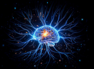 Glowing blue brain with radiating neural pathways, representing medical neuroscience and the complexity of the human mind.  A central spark highlights core cognitive function.