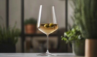 Glass of wine with a green olive in it. The wine glass is tall and slender