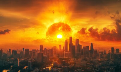 Fototapeta premium Global warming concept. dramatic sunset over city skyline, with fiery sun effects