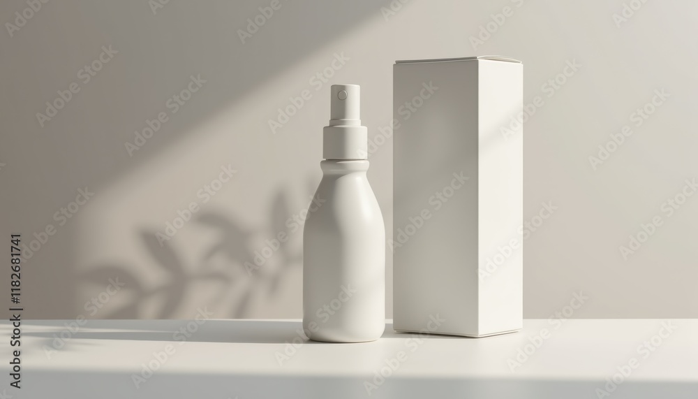 Poster Close-up of spray bottle with modern box beside it, neutral blurred background with soft shadows