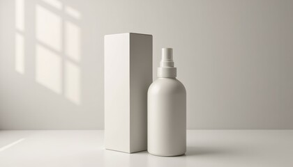 Realistic spray bottle mockup next to sleek box, minimalistic background, soft lighting, focusing on product details