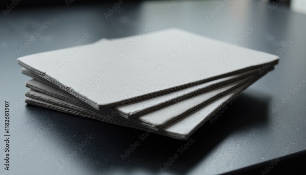 Fototapete close-up of a stack of business cards with subtle reflections, placed on a smooth desk, emphasizing 