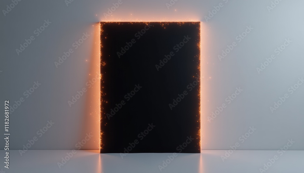 Poster isolated flyer mockup with glowing or sparkling effects around the edges, set against a smooth, simp