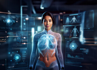 A futuristic medical visualization showcasing a woman's internal organs, overlaid with holographic displays of medical data. Advanced technology and healthcare are prominent themes.