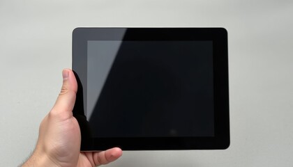 Isolated tablet being held by a hand, with the screen visible, displayed against a smooth, neutral-colored surface