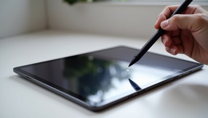 Close-up of a tablet with a stylus in use, highlighting the screen's details and interaction, displayed in a clean, neutral workspace