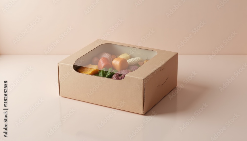 Aufkleber food storage box mockup with clear view of design and contents, neutral-colored surface, soft reflec