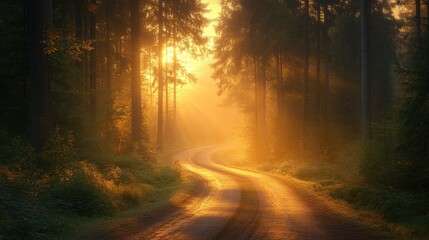 Fototapeta premium Golden Sunrise Illuminates Forest Road Winding Through Trees