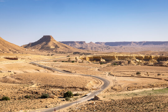 Chenini, Tunisia. Rural road near the town of Tataouine.
