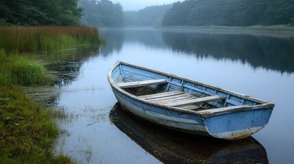 Obraz premium Old Blue Rowboat Docked On Misty Lake Shore