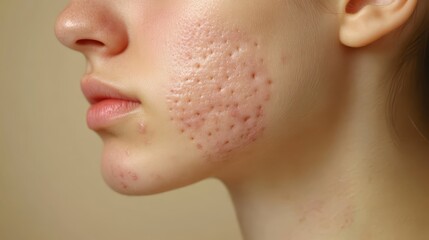 Obraz premium Teenage girl with acne problem on beige background, closeup