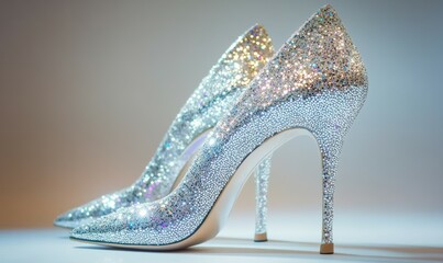 Obraz premium Pair of silver high heels with a lot of sparkles on them. The shoes are pointed and have a shiny, glittery appearance