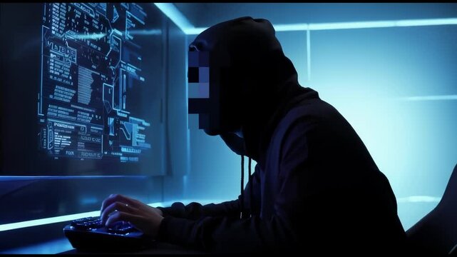 Male Hacker in a dark office background using a keyboard and screen to bypass cyber security and steal technology, data and code secrets