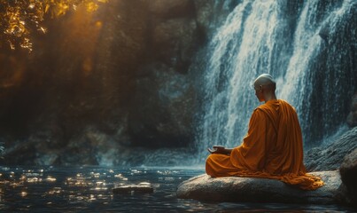 Obraz premium Peaceful monk with shaved head, wearing a flowing saffron robe, sitting in serene meditation under a waterfall surrounded by nature