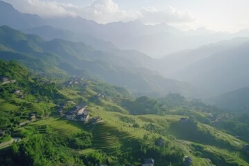 Naklejka premium Breathtaking sunrise over terraced hills in a tranquil mountain village