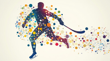 Hockey from the particles. Silhouette of a hockey player consists of circles and points. Vector illustration.