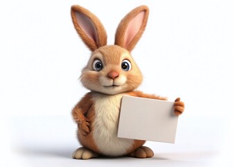 Obraz premium Adorable 3D Cartoon Bunny Holding Blank Signboard - White Background High Contrast Studio Shot