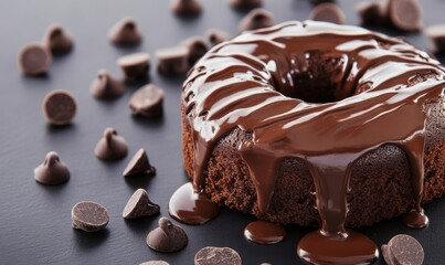 A delicious chocolate cake with melted chocolate sauce surrounded by chocolate chips. A chocolate dessert cake.
