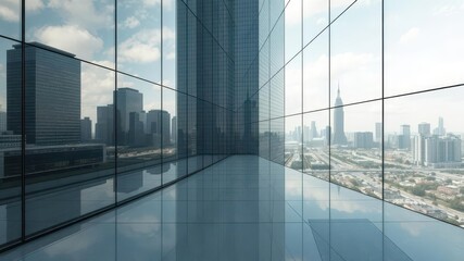 Geometric lines, glass facade, city skyline reflection, exterior, glass, elevation