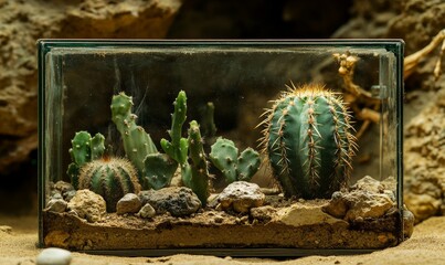 Group of cacti are in a glass container, with one of them being a large one. The cacti are surrounded by rocks and dirt, and the container is placed on a sandy surface