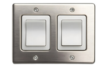 Double light switch with stainless steel plate, featuring a brushed metal finish and white switches. Ideal for modern interiors. Isolated on transparent background, png.