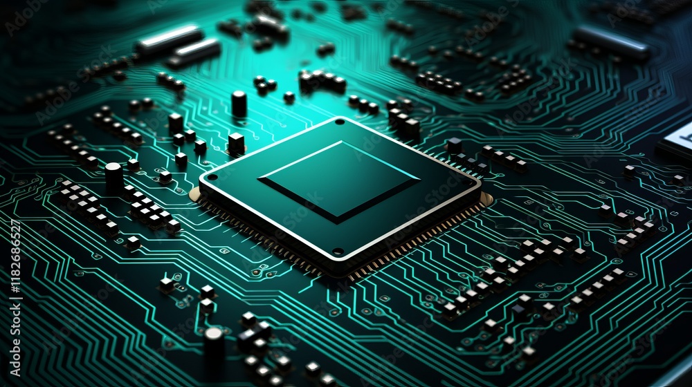 Poster exploring the intricate details of a modern computer microchip on a circuit board. generative ai