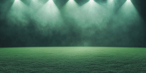 A neatly groomed green grass sports field brilliantly lit by powerful stadium lights against a dark night backdrop, perfect for sports event themes or promotional visuals